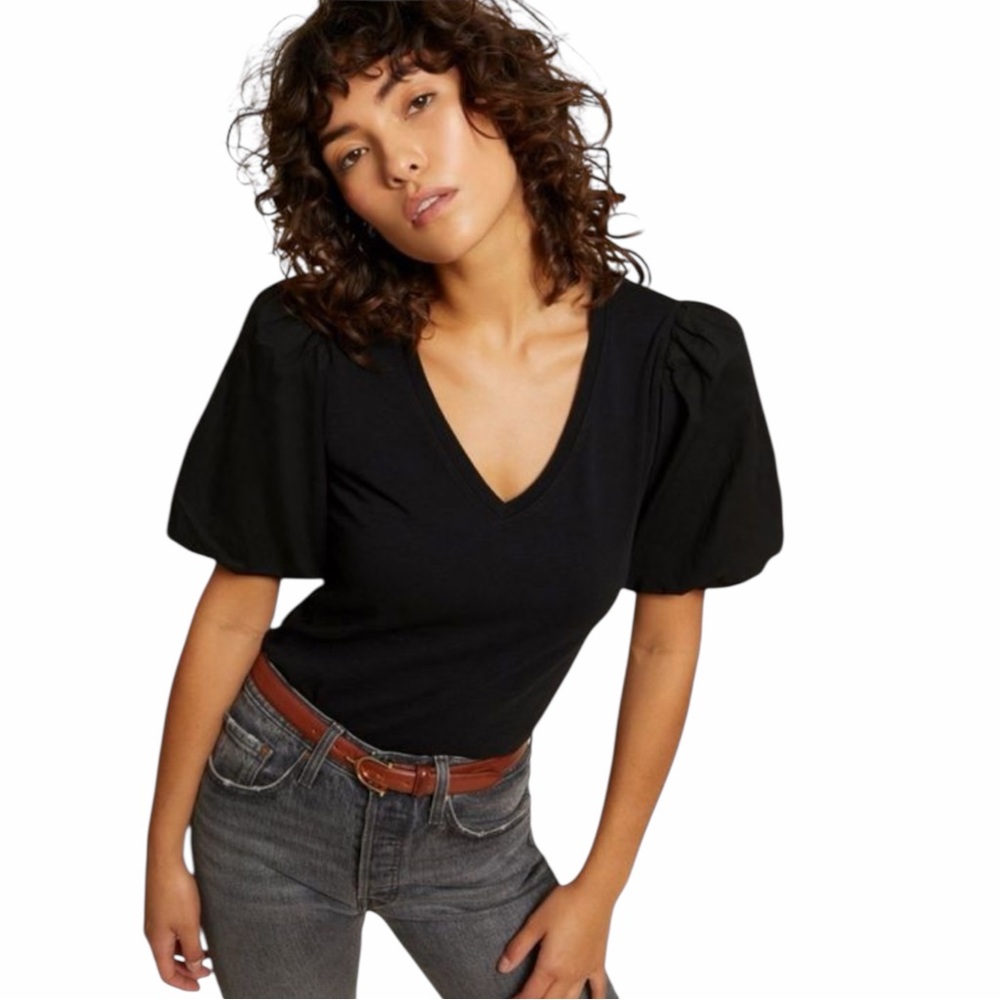 NATION LTD Traci Bubble Sleeve V-Neck Top In Jet Black Raw Hem Size Small